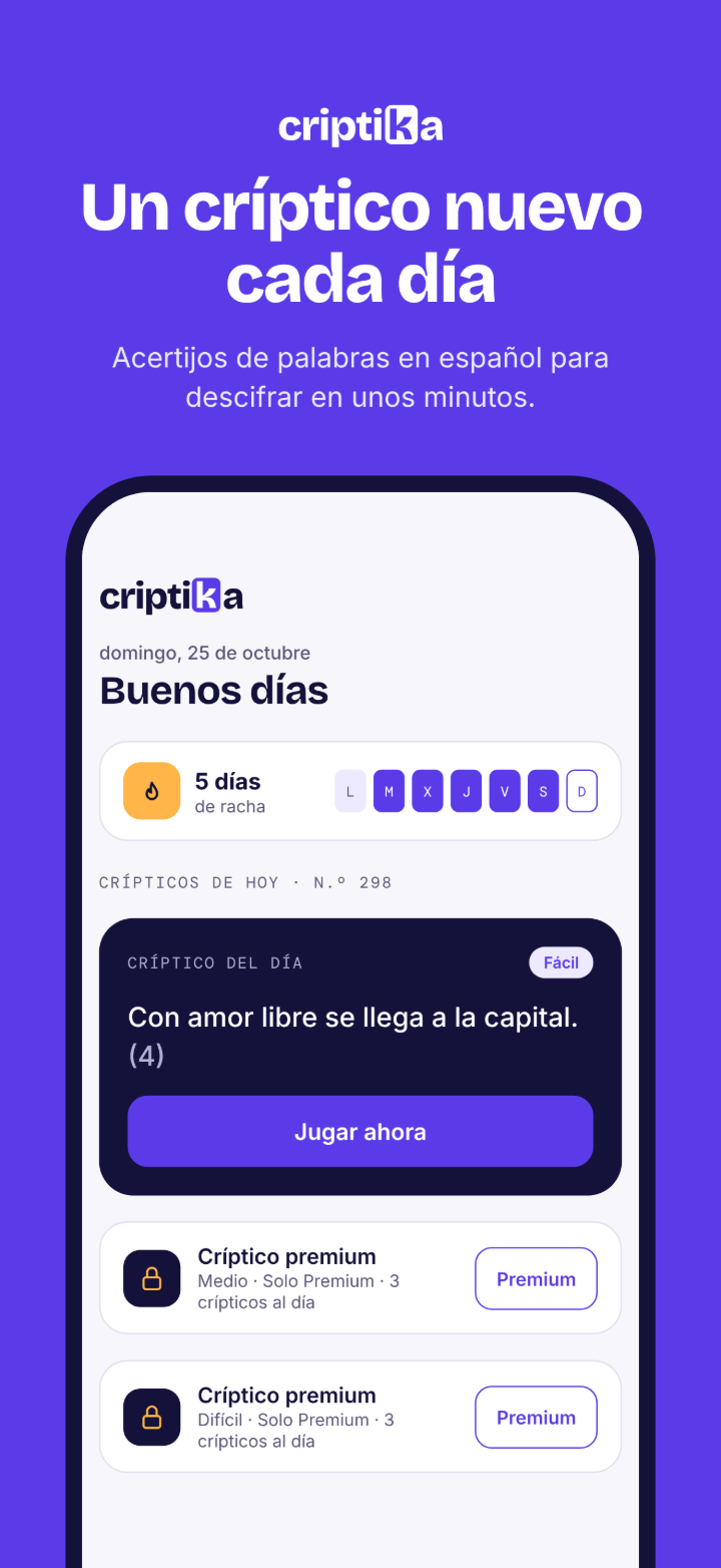 Criptika: un críptico nuevo cada día, pantalla de inicio