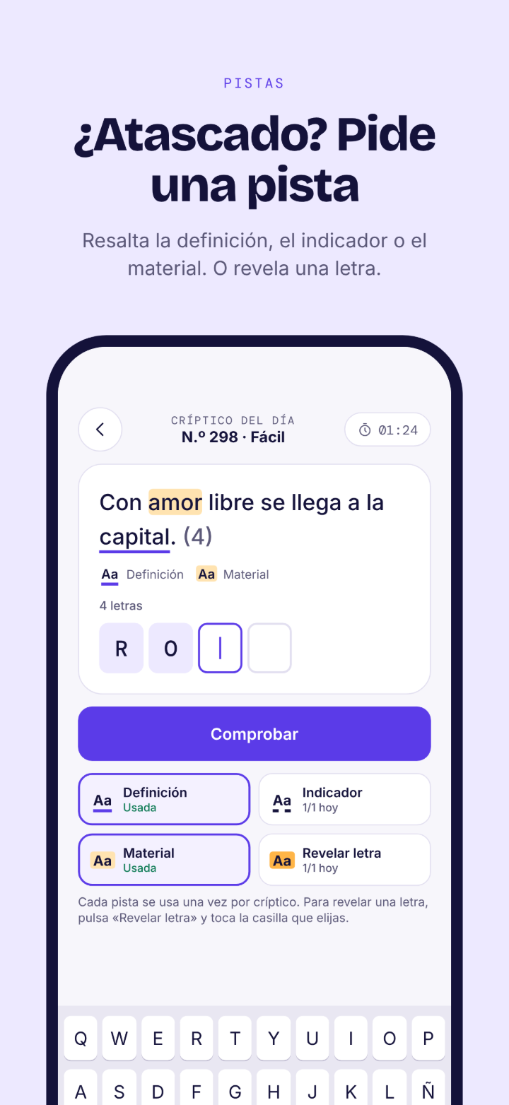 Pistas: definición, indicador, material y revelar letra